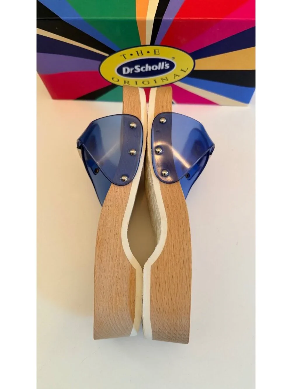 Dr Scholls Women Size 8 M Wood Exercise Clog Sandal Blue Vinyl Slide Shoe New